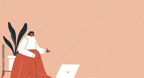 Modern woman working remotely on laptop with a pen, surrounded by a plant in a minimalist home office. Ideal for concepts of freelance, online learning, creativity, and productivity.