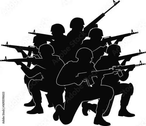 Soldiers defending homeland, military unity, patriotic protection, armed forces with rifles, combat-ready stance, black and white war illustration, defense message