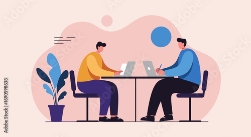 Two men collaborate on laptops and notes at a desk, representing teamwork, remote work, or study. Ideal for business, education, and digital lifestyle concepts.