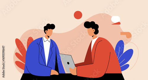 Two professional businessmen collaborating and discussing ideas with a laptop in a modern flat design illustration. Ideal for business, teamwork, and communication concepts.