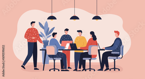 Diverse team collaborates in a modern office meeting, discussing ideas and working on laptops. Represents teamwork, business strategy, and professional development.