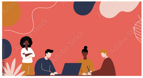 Diverse team collaborating in a modern office setting, working together on projects. Represents business meetings, teamwork, and professional partnership for success.