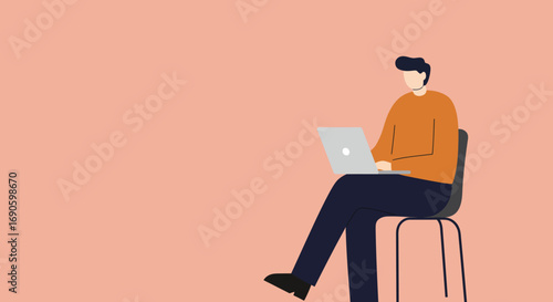 A focused man uses a laptop on a simple background, symbolizing remote work, online learning, and digital productivity. Ideal for business, technology, or lifestyle concepts.