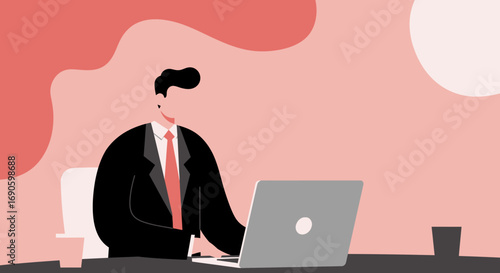 Professional businessman working diligently on his laptop at a modern office desk, symbolizing productivity, corporate success, and digital communication.