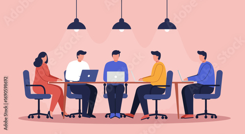 Diverse business team collaborating in an office meeting with laptops, demonstrating teamwork, productivity, and a modern corporate environment.