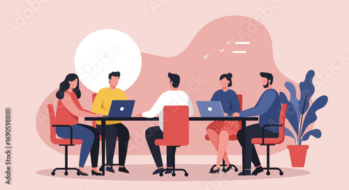 Diverse team of professionals collaborating on laptops around a table, depicting modern business, teamwork, and a productive office environment.