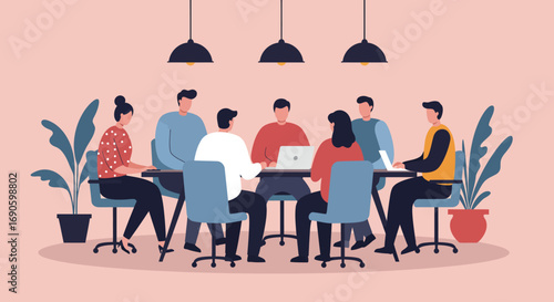 Diverse business team collaborating in a modern office meeting, discussing projects and strategy with laptops. Focus on teamwork and innovation.