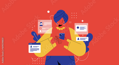 Person using smartphone with floating digital interfaces, symbolizing online communication, social media, and information exchange. Perfect for technology, business, or modern lifestyle themes.