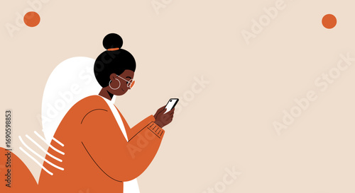 Stylish young Black woman using a smartphone, connecting online or enjoying digital content. Perfect for technology, lifestyle, and communication concepts.