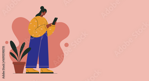 Young woman using smartphone for social media, online shopping, or communication. Modern lifestyle and technology concept with ample copy space.