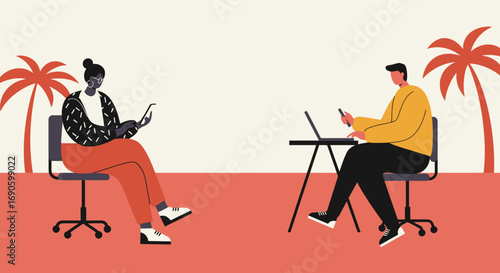 Diverse professionals working remotely with laptops and smartphones in a relaxed, tropical-inspired setting, symbolizing flexible modern work and global connectivity.