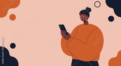 Modern woman using a smartphone for communication and digital tasks on a minimalist background, representing technology, connectivity, and contemporary lifestyle.