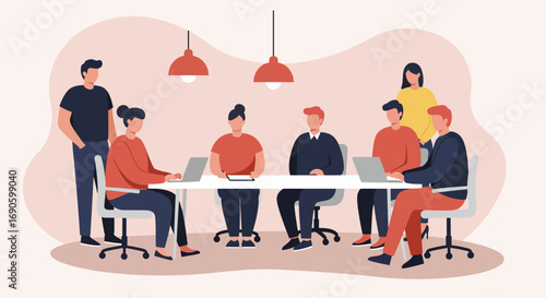 Diverse business team collaborating in a modern office meeting. Focus on teamwork, productivity, and communication. Ideal for corporate, technology, and organizational themes.