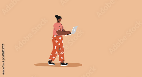 Modern flat illustration of a young woman working remotely on her laptop. Ideal for themes of freelance, online education, or connected lifestyle.