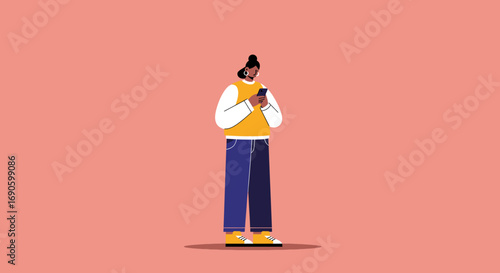 Modern woman engaging with her smartphone, representing digital communication, social media, and mobile connectivity in a casual, contemporary lifestyle.