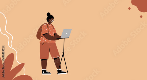 Modern illustration of a person working remotely on a laptop via a stand, symbolizing flexible work, online education, and digital lifestyle.