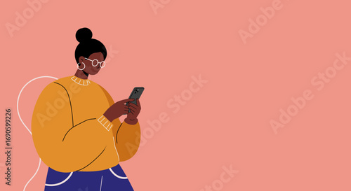 African American woman focused on her smartphone, embodying modern digital communication and online connectivity. Ideal for technology, social media, and everyday lifestyle concepts.