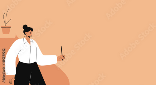 Stylish professional woman confidently holding a pointer, ready to present. Ideal for business, education, and corporate themes.