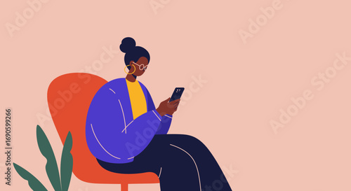 A stylish Black woman sits comfortably, engrossed in her smartphone. Perfect for illustrating online communication, social media, or digital connectivity in lifestyle and business contexts.