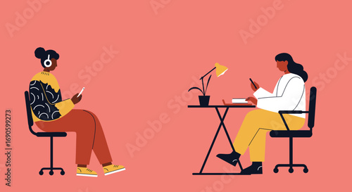 Modern women engaging with digital devices for remote work, online communication, and a connected lifestyle, showcasing technology use.