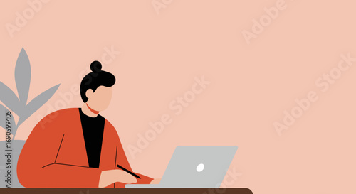 Professional illustration of a focused person working diligently at a laptop, writing notes. Ideal for business, remote work, online learning, or creative content.