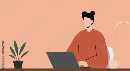 Minimalist illustration of a person working remotely on a laptop at a desk. Ideal for concepts of productivity, remote work, or online learning, showing modern lifestyle.
