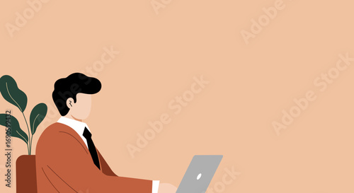 Illustration of a focused businessman using a laptop, symbolizing remote work, digital communication, and professional productivity in a calm environment.