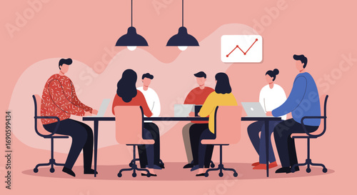 Diverse business team collaborating in a modern office meeting room, discussing strategy and growth. Ideal for themes of teamwork, innovation, and professional development.