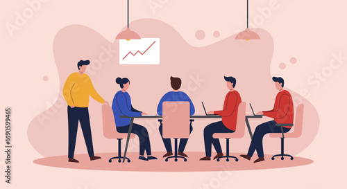 Business team collaborates in a modern office, discussing growth strategy and reviewing presentation data. Ideal for corporate projects.
