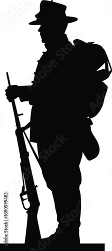 World War I soldier silhouette, vintage military figure, rifle in hand, battlefield stance, historical tribute, remembrance, army veteran, war hero