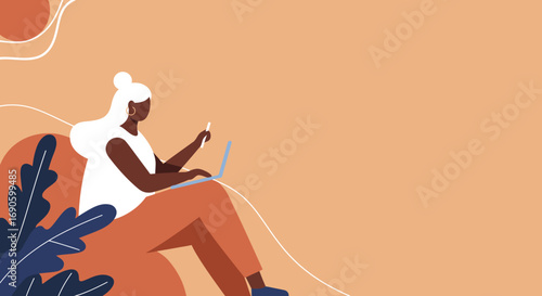 Woman illustrating on a laptop with a stylus in a relaxed, abstract setting with plants. Ideal for remote work, creative business, or modern lifestyle concepts.