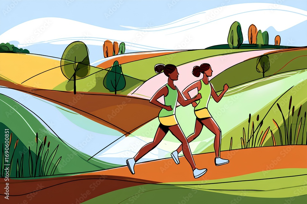 Obraz premium Woman and man jogging side by side through a vibrant autumn landscape, surrounded by colorful foliage and rolling hills, celebrating fitness in nature's beauty.