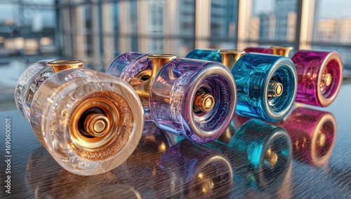 Colorful skateboard wheels on a dark surface