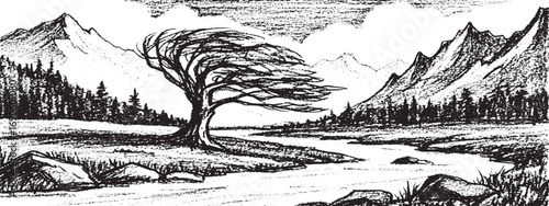 Solitary tree bends against strong wind in mountainous landscape with flowing river valley scene