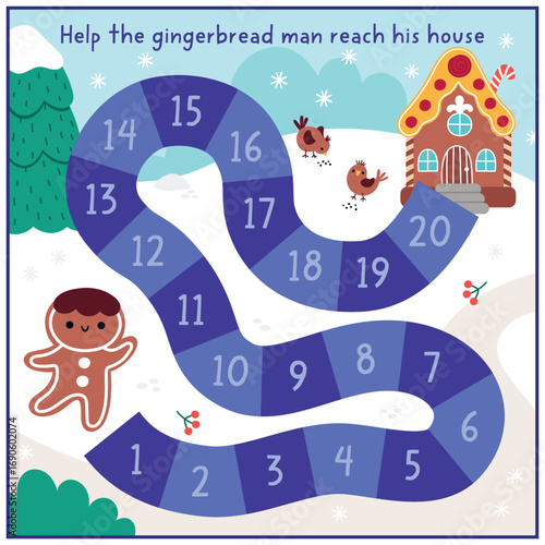 Christmas village board game for children with cute gingerbread man going home. Funny boardgame with snowy landscape, traditional character, house. Winter holiday printable activity