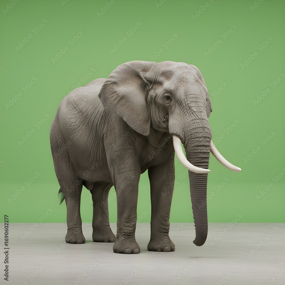 Fototapeta premium African elephant standing on green background studio photography