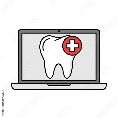 Laptop Displaying Tooth Icon with Medical Cross for Online Dental Services