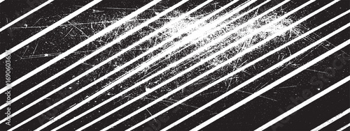 Diagonal lines with distressed texture and scratches forming abstract black and white artistic pattern