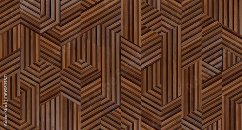 A wooden panel surface featuring striped patterns in warm brown tones, creating a modern geometric design.