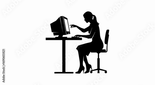 Silhouette of a businesswoman working on a vintage computer.
