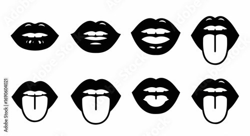 Vector collection of black silhouette mouth and tongue icons.