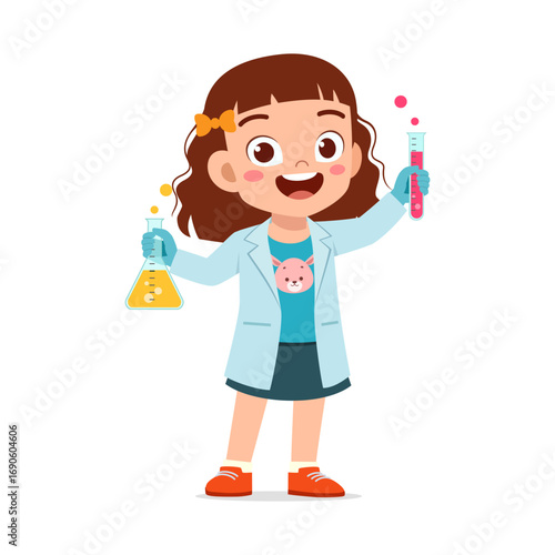 Cute Little Girl Smiling Wearing Scientist Outfit Holding Beaker and Tube in Illustration