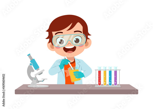 Little Boy Scientist Smiling Doing Chemical Experiment with Microscope and Test Tubes
