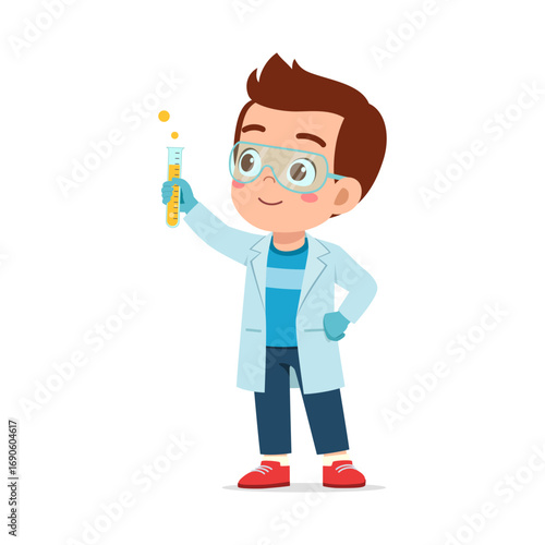 Happy Young Boy Wearing Lab Coat and Safety Goggles Holding Test Tube with Smiling Face