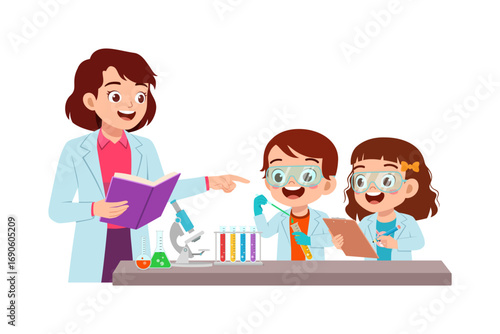 Teacher Teaching Science Experiment to Cheerful Students in Laboratory Illustration