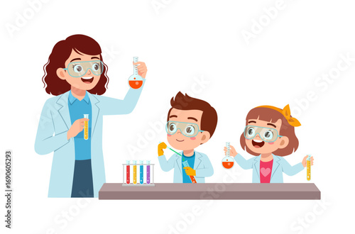 Teacher and Students in Science Class Experimenting with Chemistry with Happy Expression Illustration