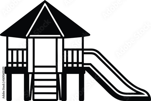 Playset design with slide and roofed platform