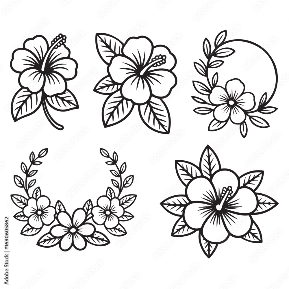 Obraz premium Hibiscus Flower Collection Line Art Floral Arrangements