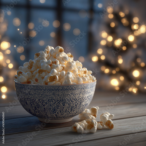 A granite  bowl filled with fluffy popcorn surrounded by festive glowing lights, creating a warm and celebratory mood.
