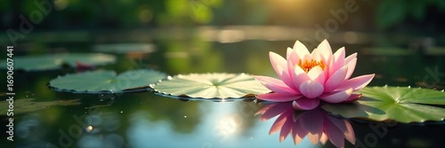 Serene water lilies floating on a calm pond, sunlight dappling the surface Perfect for spa, wellness, and nature themes Ideal for relaxation and tranquility imagery , green, pond, flora